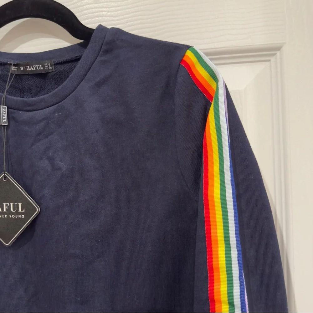 Navy Blue Pullover Sweatshirt with Rainbow Striped Ribbon Panels on the Arms NWT - Picture 8 of 14